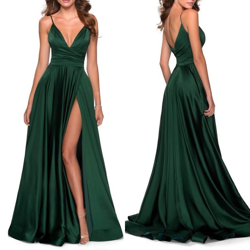 La Femme Long Satin Dress with Side Slit and V Shaped Back - Green
Size 10